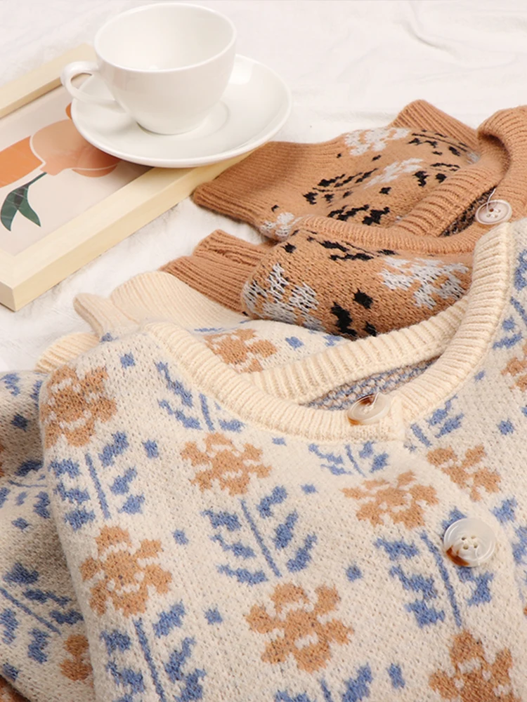Autumn Cardigan Women Korean Fashion Sweater Prairie Chic Flowers Knitted Sweater Cardigan Jumpers Cozy Vintage Outerwear