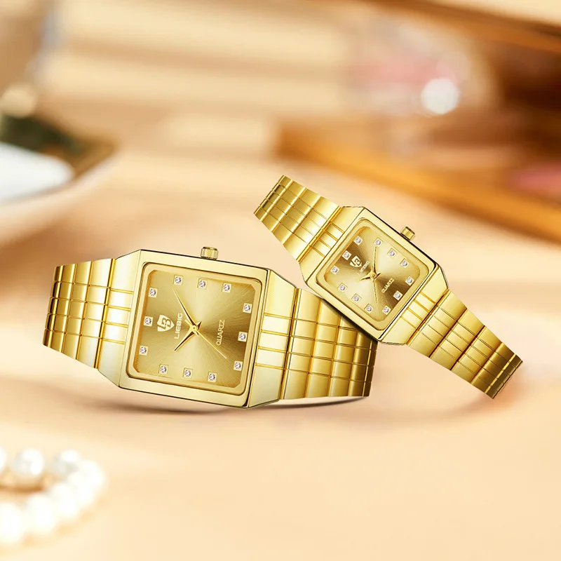 LIEBIG 2pcs Couple Lovers Luxury Business Watches Golden Stainless Steel Strap Quartz Waterproof Clock Wristwatch For Mens Women