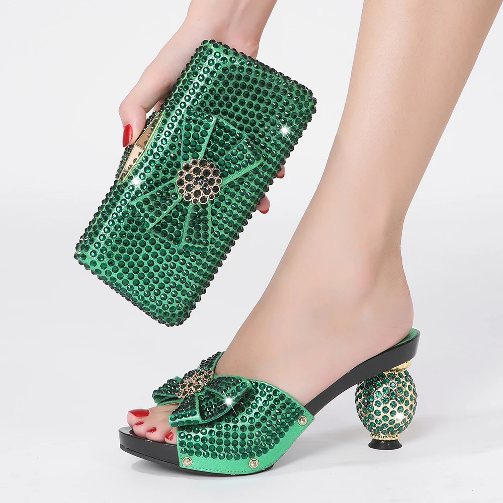 2022 Newest Summer Ladies High Quality High-heel Slippers Wholesale Rhinestone Shoe Bag Sets Suit for Banquet Party