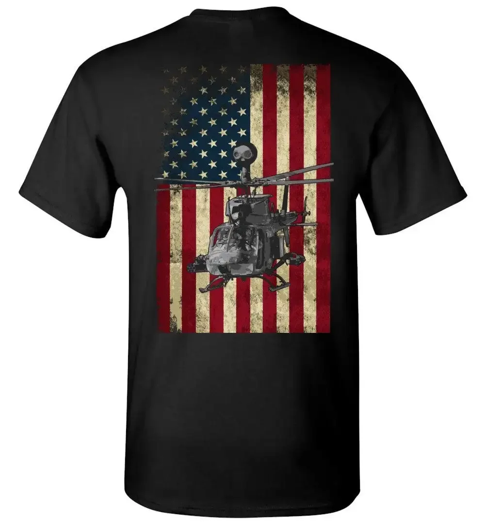 Винтажная футболка с американским флагом OH-58D KIOWA дистанционным вертолетом.