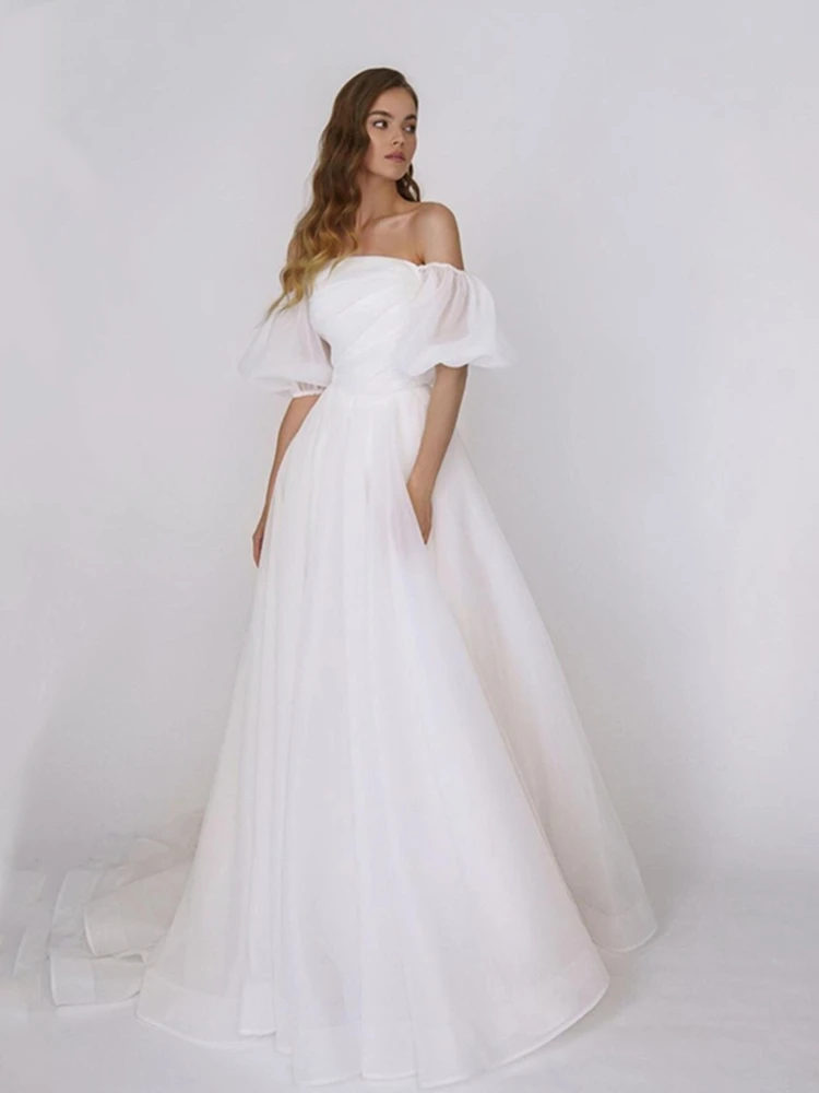 

Simple Off-Shoulder Robe De Mariée Ruched Organza A-Line Princess Puff Sleeves Sweep Train Wedding Dress Gown Bridal Dress