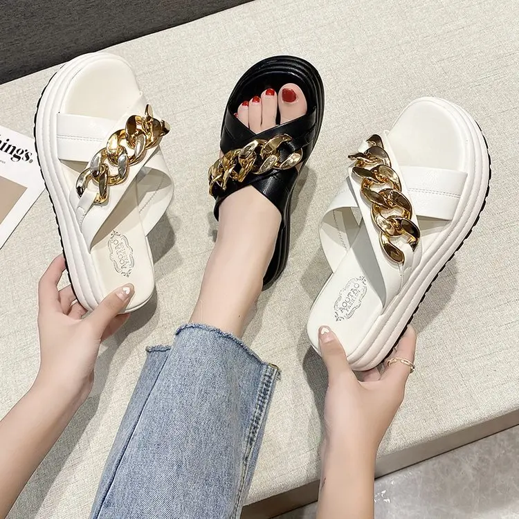 

High Heels Slippers Women Wedding Shoes Summer 2022 White Black Platform Wedges Slides Ladies Beach Slippers