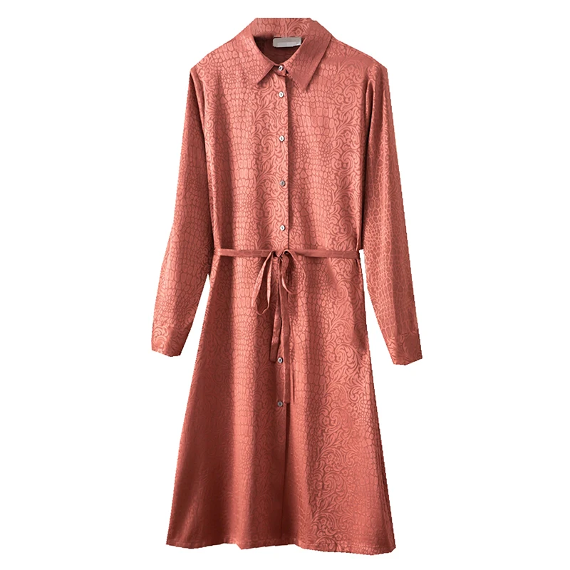 

Shirt Dress 92% Natural Silk Summer Office Lady Mid-Calf Sashes A-LINE Turn-down Collar Poplin Full Sleeve Spring