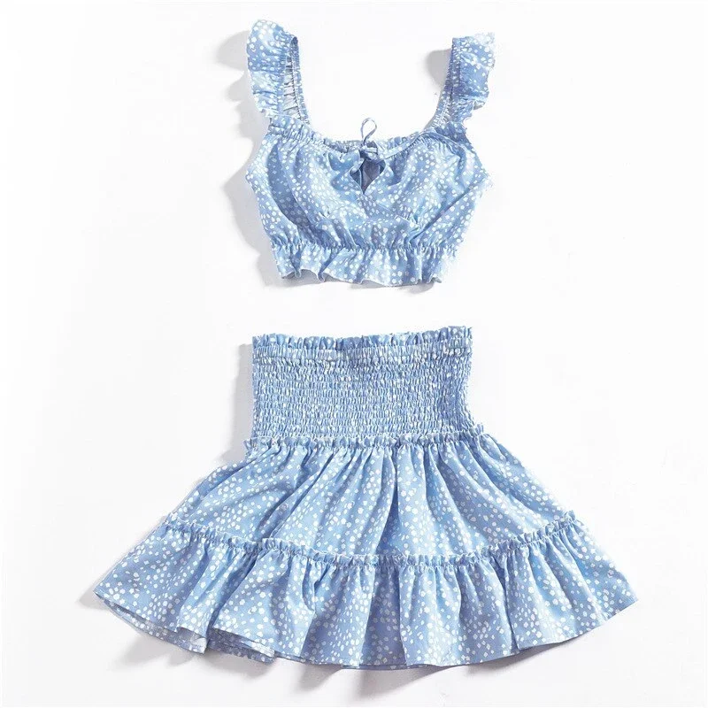 

IClosam Sexy Blue Ruffle Short Dress Women Two Piece Set Summer Floral Print Beach Casual Polka Dot Mini Vestidos