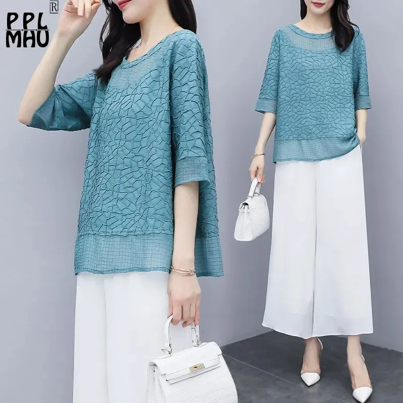 

Комплект из двух предметов женский шифоновый, элегантный Свободный Топ с коротким рукавом и брюки с широкими штанинами, тонкий до щиколотки...