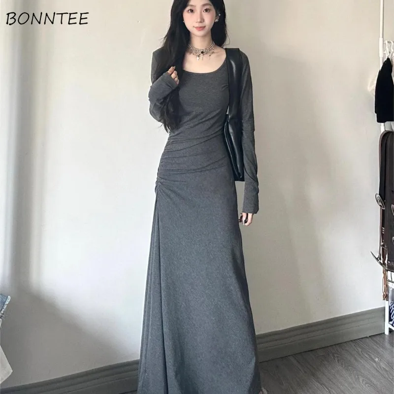 

Grey Dresses Women Slim Pleated O-neck Hot Sexy Defined Waist Empire Floor Length Long Sleeve A-line Korean Streetwear Female