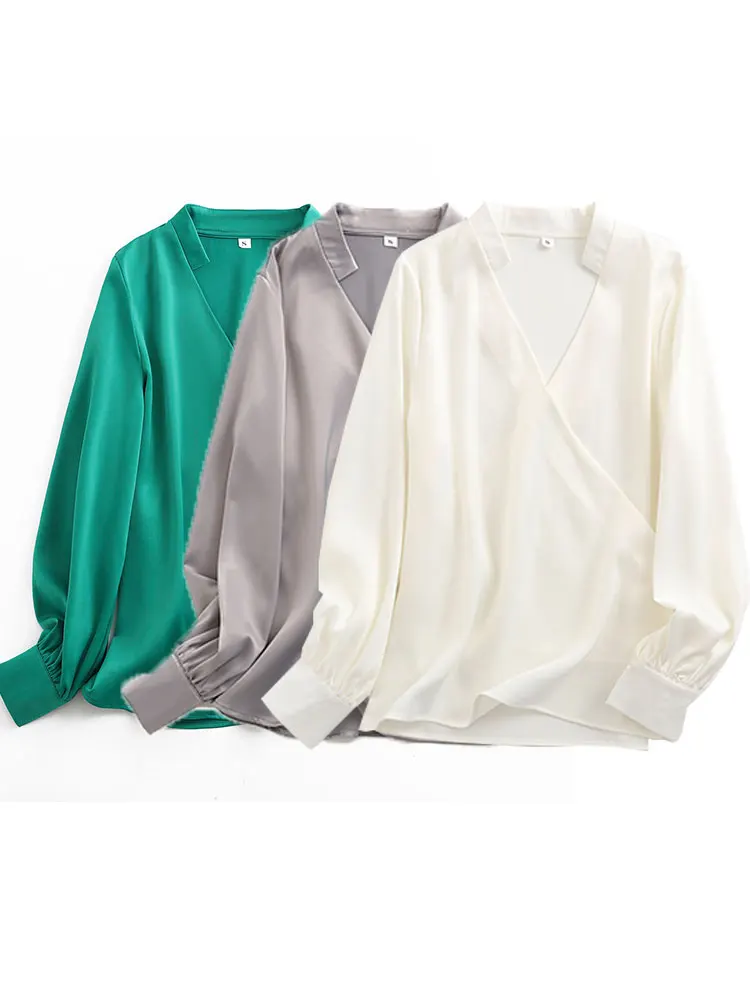 

Nlzgmsj ZBZA Women Green Shirts Long Sleeve Solid Turn Down Collar Elegant Office Ladies Workwear Blouses 202203