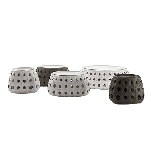 French style modern used plastic rope weaving round aluminum metal outdoor coffee table and chair