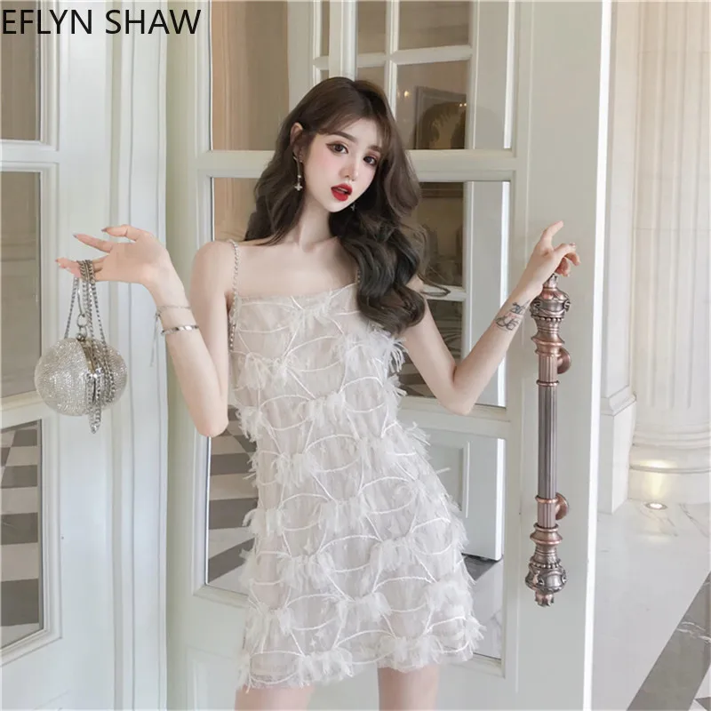 

Fairy Mesh Tassel Dress Women's New Suspender Strapless Short Mini Dress Slim Pearl Spaghetti Straps Party Dress Vestidos