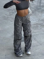 sunny y j baggy hip hop ripped grey cargo pants casual with pockets loose wide leg pants women drawstring jogging sweatpants