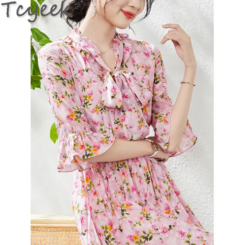 Tcyeek 2023 Summer Womens Dresses 100% Mulberry Real Silk Clothing Female Show Waist Elegant French Print Dress Vestido Elegante