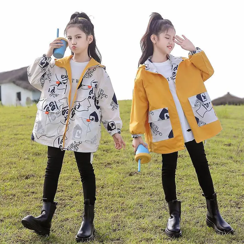 

Teens Jacket Clothing Hooded Two Children Thin For Windbreaker Girl Trench Children's For Outwear Jackets Wear Sides Coat Autumn