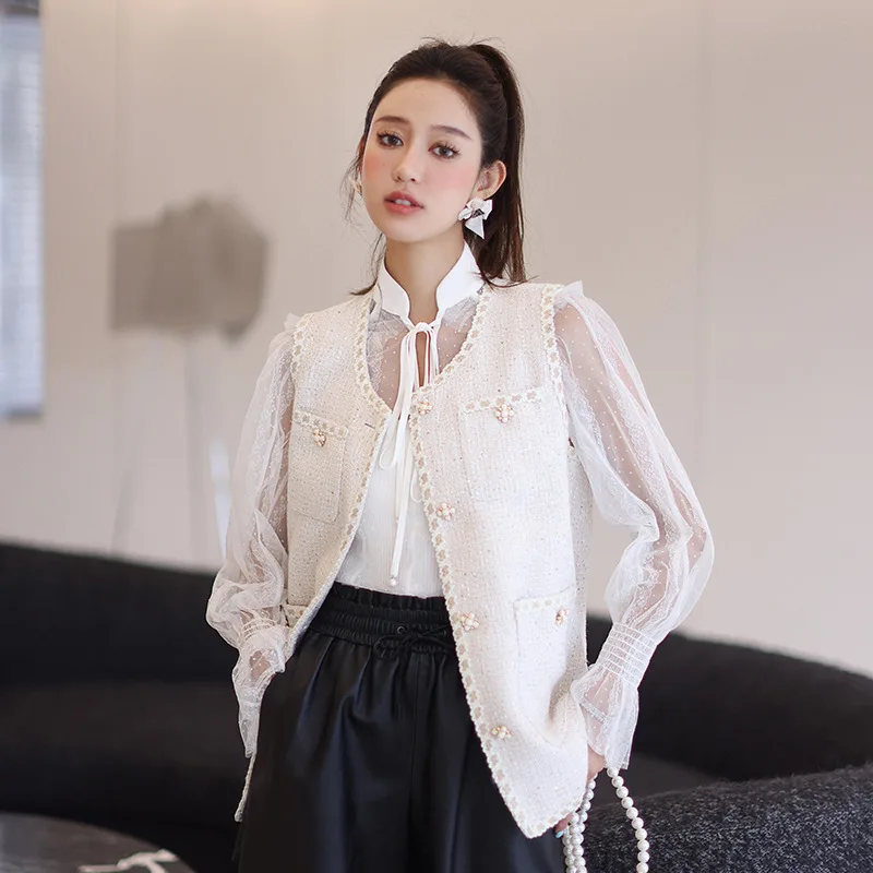 White Color Fashion Spring Women Wool Vest Coat Sleeveless Buttons Pockets Loose Casual Lady Clothes