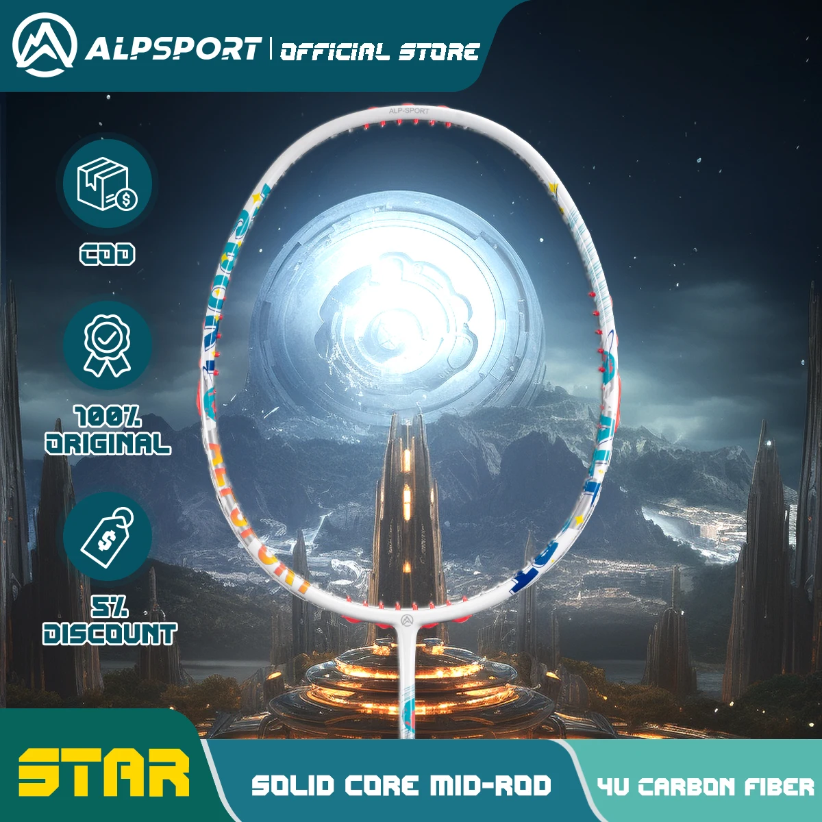 

Твердый сердечник ALP Star, средний стержень 4U, макс. 32 фунта, G5 46T, ракетка из углеродного волокна, внутренняя технология вспенивания, подкладка YONEX