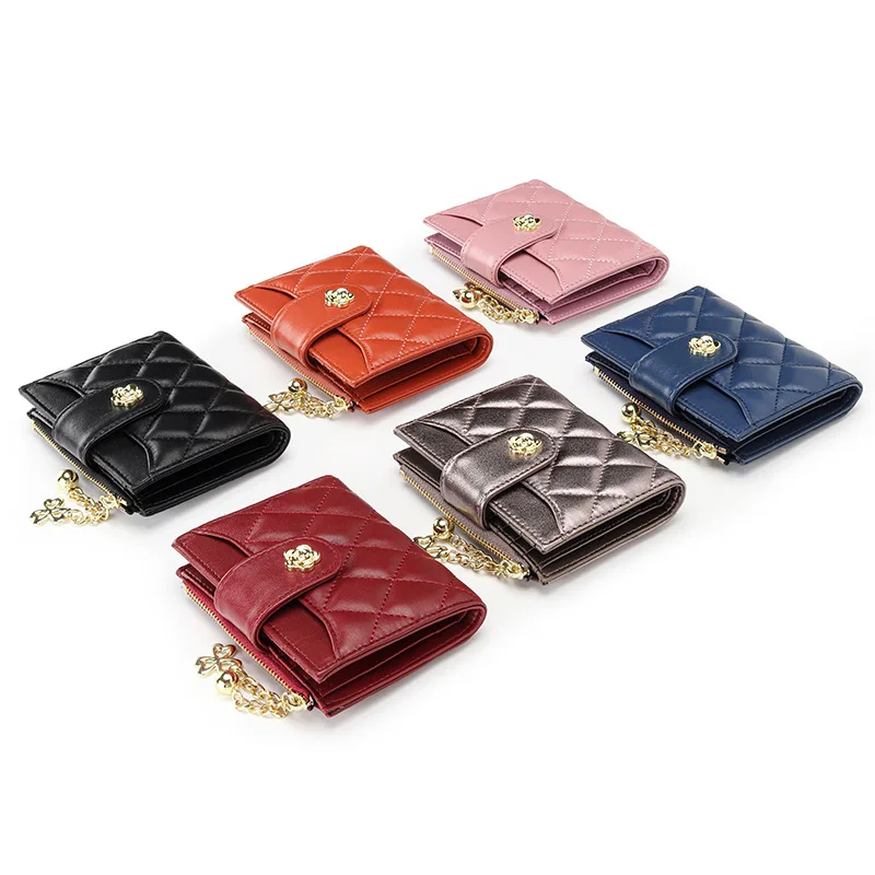 Ladies Short Purse Genuine Leather Wallet Sheepskin Quilted Rhombus Women Coin Purses Wallets Card Holder Clip