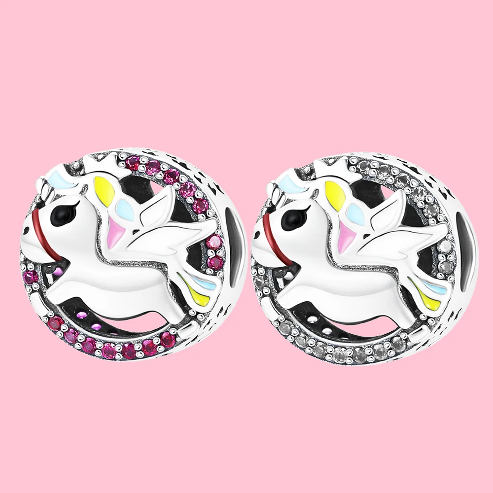 

925 Silver Colorful Unicorn Round Shape Pendant Set Banquet Fit for DIY Classic Bracelet Necklace Jewelry Gift