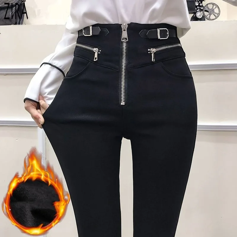 Женские однотонные облегающие брюки с высокой талией на молнии