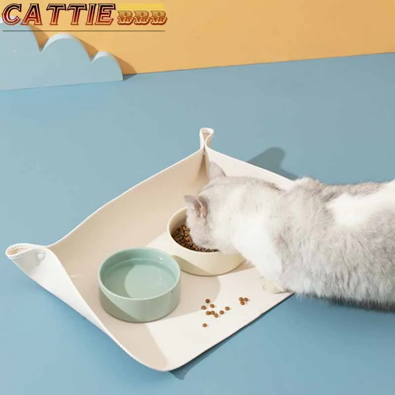 

Dog Cat Bowl Food Mat with High Lips PU leather Waterproof Pet Food Feeding Pad Puppy Feeder Tray Water Cushion Placemat