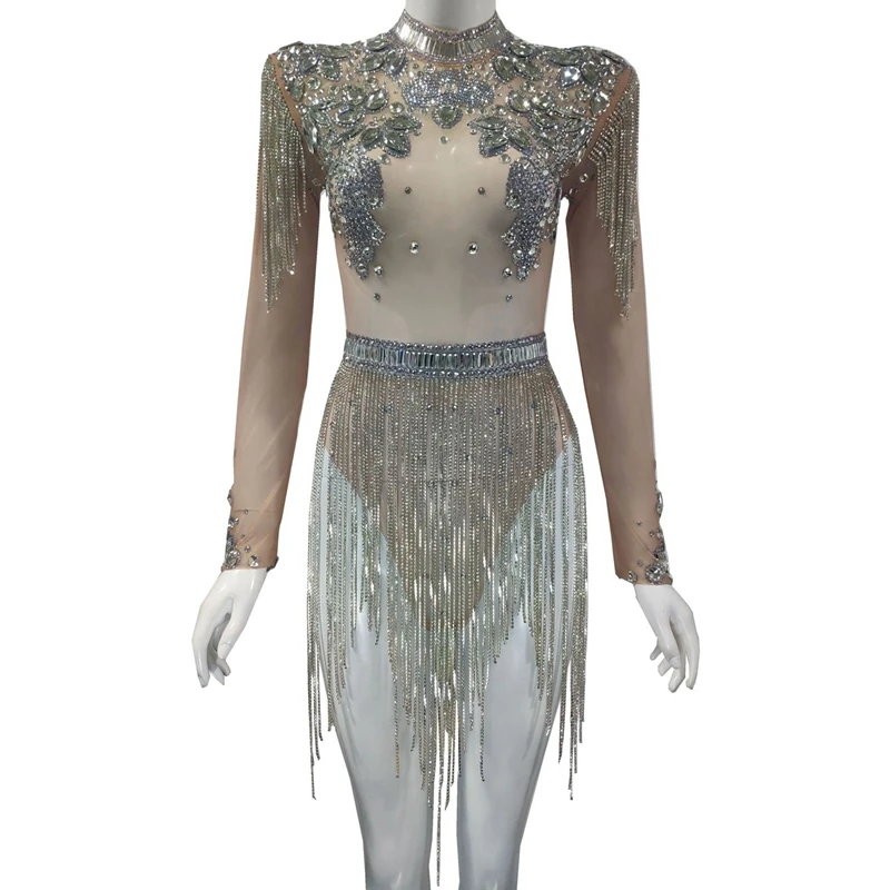 

Shining Big Crystals Mesh Sexy Bodysuit Sparkly Rhinestone Fringes Party Nightclub Outfit Singer Stage Performance Dance Costume