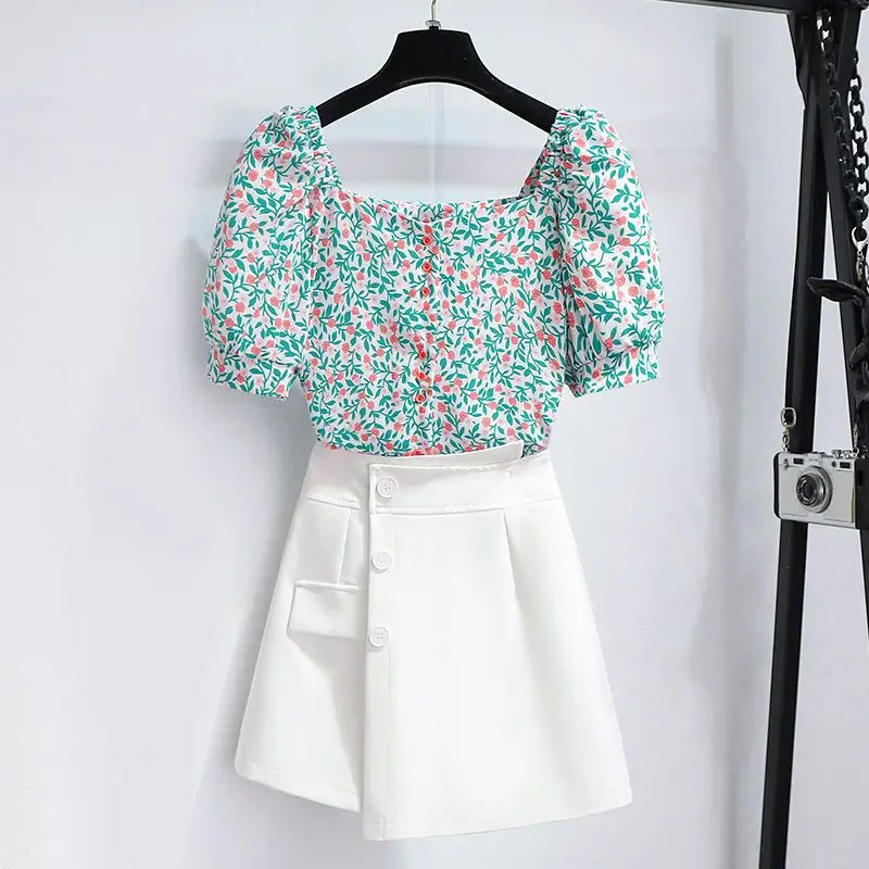 

Женский элегантный комплект из 2 предметов, милая зеленая блузка с цветочным принтом и мини-юбка, комплект из двух предметов, Q198, на лето