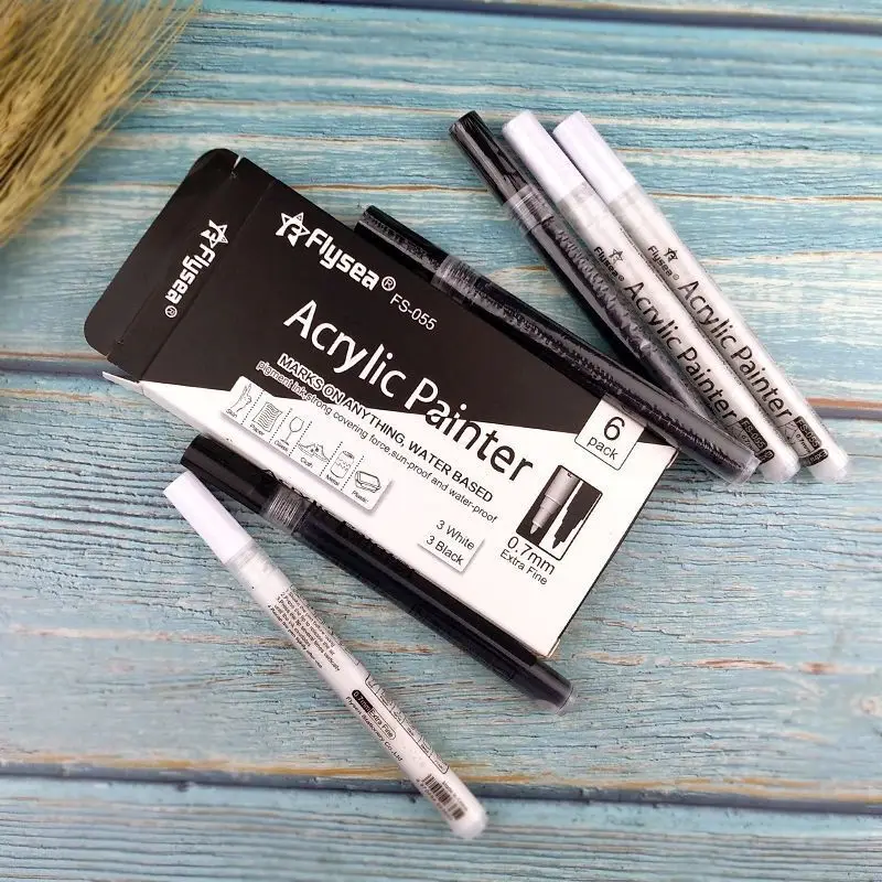 

6 Pieces Acrylic Paint Pens White & Black, 0.7mm Acrylic Marker Set for Blackboard, Wood, Plastic, Glass, Stone, Metal
