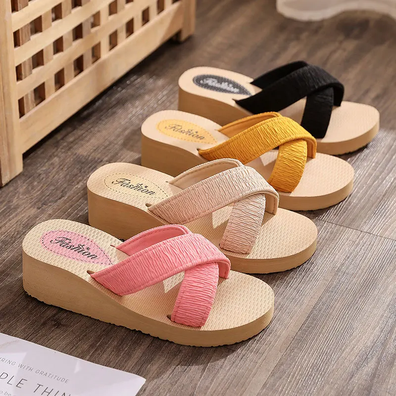

High-heeled women's sandals candy-colored cross cloth with one-word slippers Korean fashion sandals wear new casual slippers