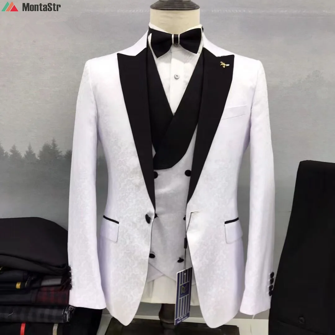 

2022 Fashion New Men Casual Boutique Business Slim Host Golden Dark Pattern Suit 3 Pcs Set Dress Blazers Jacket Vest Pants Coat
