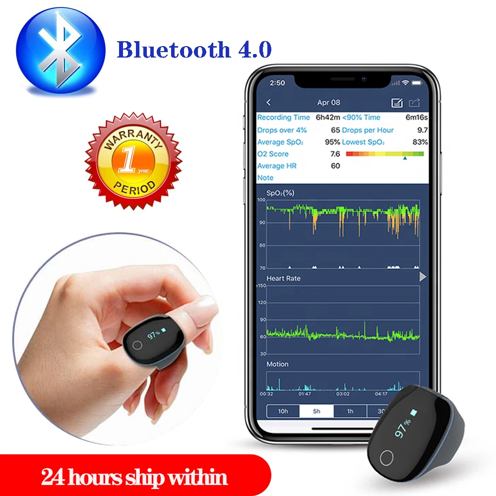 

Bluetooth 4.0 pulse oximeter blood oxygen monitor sleep apnea alarm blood oxygen meter sleep data record anti snoringUSB