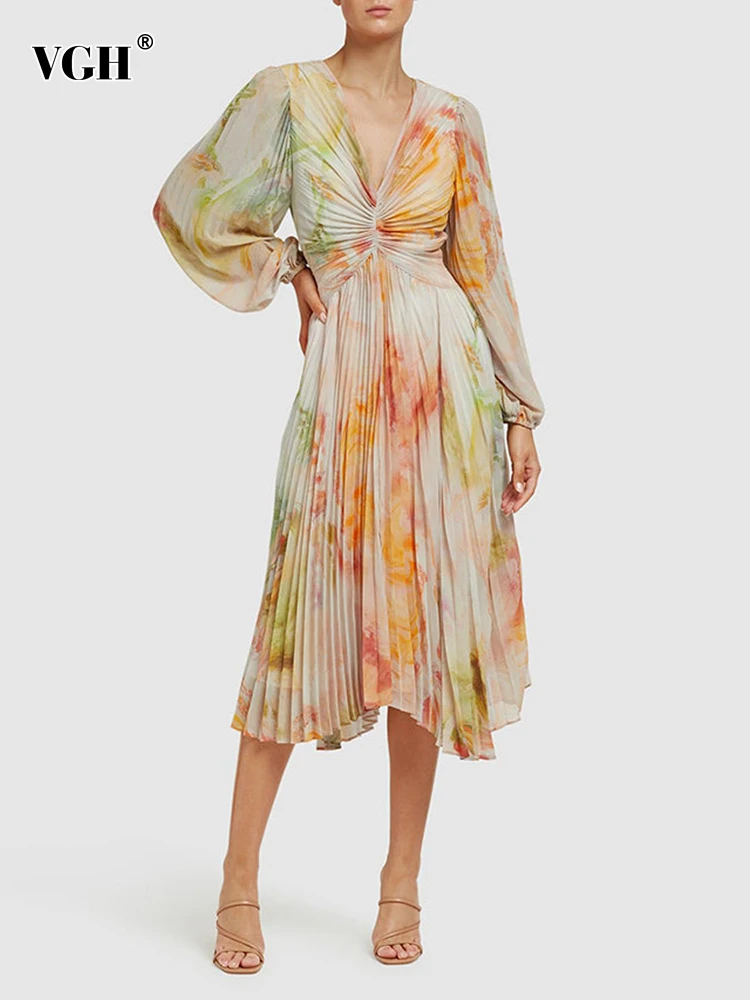 

VGH Colorblock Patchwork Ruched Dresses For Women Deep V Neck Long Sleeve High Waist Irregular Hem A Line Dress Female Summer