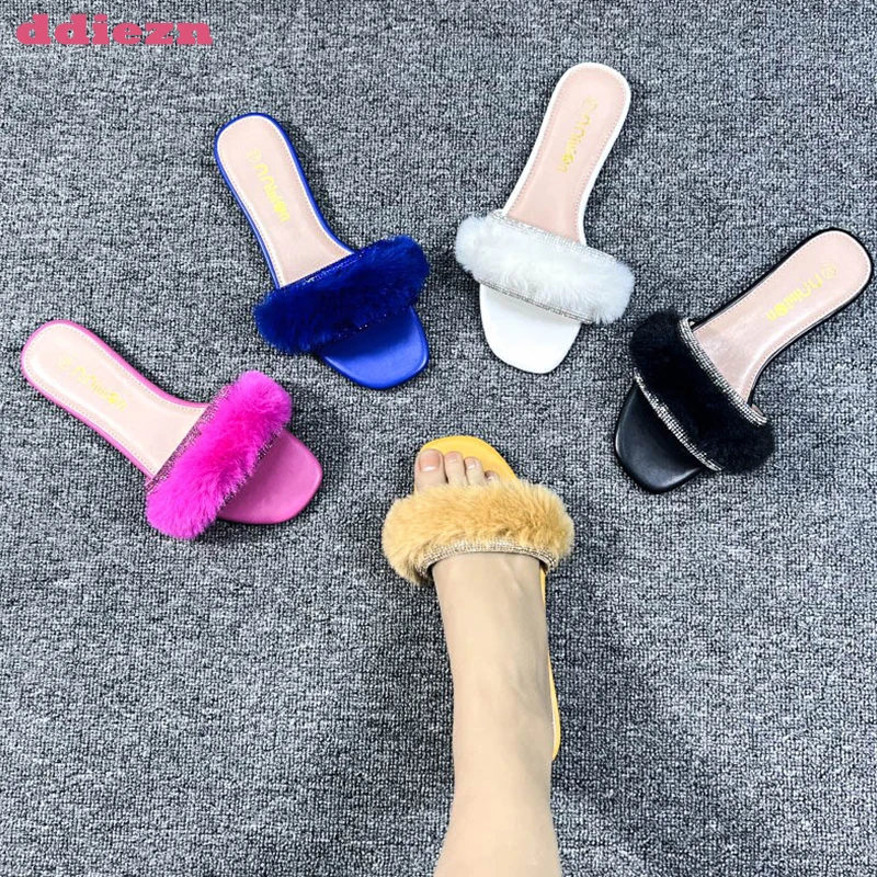 

Шлепанцы женские с квадратным носком, сланцы, Повседневная летняя меховая обувь, элегантные летние тапочки, сланцы, черные, 2023