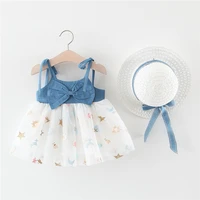childrens clothing solid color bow denim stitching gauze skirt with hat summer childrens skirt