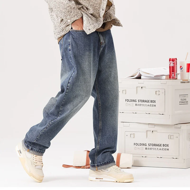 Streetwear Men 2022 Autumn Winter Jeans Men's Vintage Loose Straight Casual Pants Fashion Blue Temperament Harun Pants Female