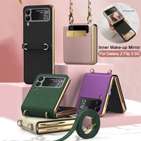 newest magnetic fold mirror case for samsung galaxy z flip 3 5g case textured leather strap for galaxy z flip3 5g foldable cover