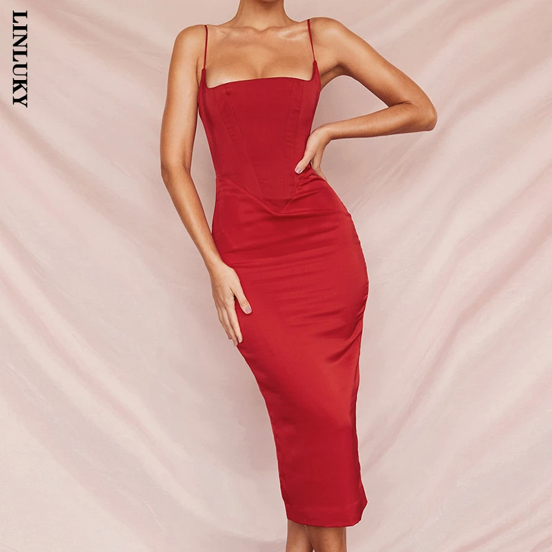 

New Dress Women 2022 Spring And Summer Fashion Slim Satin Mid-length Suspender Skirt Temperament Club Party Dresses