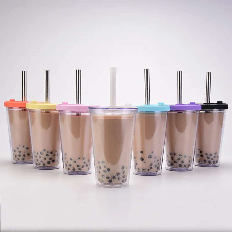 

BOBA Cup with Large Hole Straw Straight Tumblers with Lid Double Layer Transparent Plastic Mugs for Cold Drink