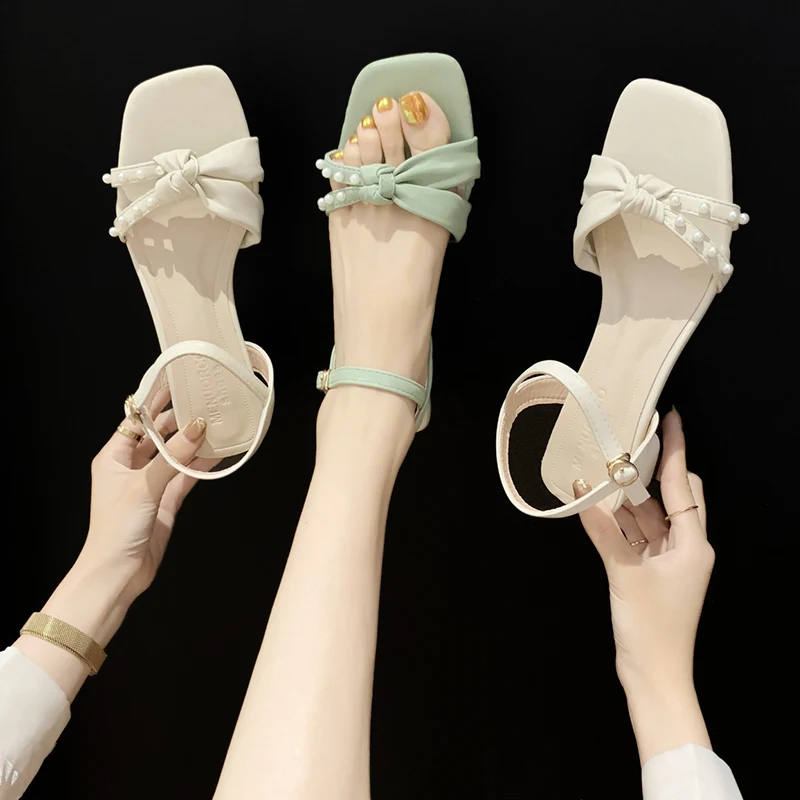 

Comfort Shoes for Women Med Clear Heels Beige Heeled Sandals All-Match 2022 Summer Buckle Strap Medium Black Girls High Fashion