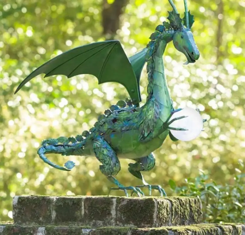 

Green Dragon Statue With Solar Pearl Outdoor Garden Statue Decoration X2G8