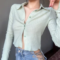 retro ladies spring 2021 long sleeved short slim fashion single breasted checkered lapel long sleeved single breasted t shirt
