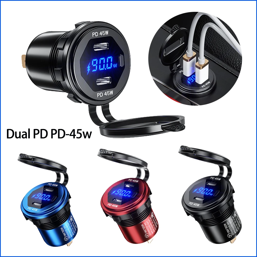 

Quick Charge PD-45W Car Charger Smart Phone Socket With LED Voltmeter And Switch Fast Dual Port USB Charger Usb Cigarette Charge