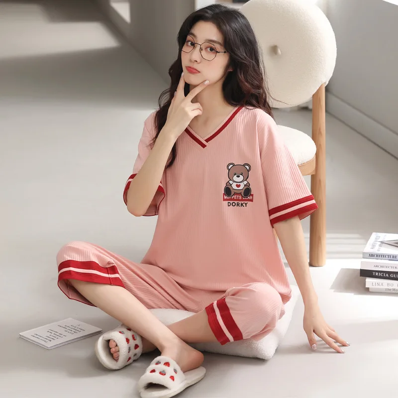 New pajamas women cotton thin section short-sleeve cropped pants large size loose girls can wear round neck home clothes