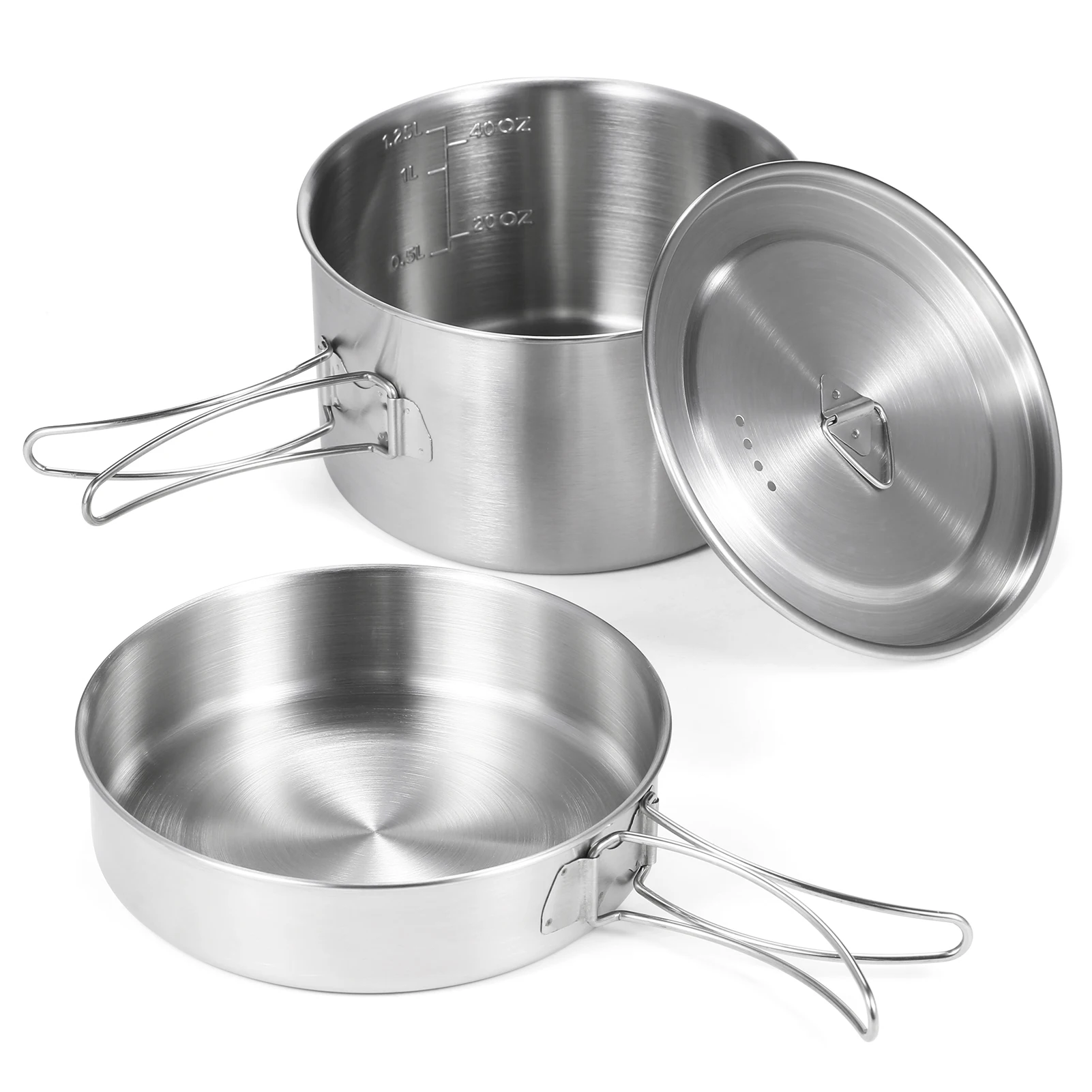 

2pcs Camping Cookware Set with Foldable Handles Mesh Carry Bag Stainless Steel Pot Pan Cooking Tableware Set For Hiking Fishing