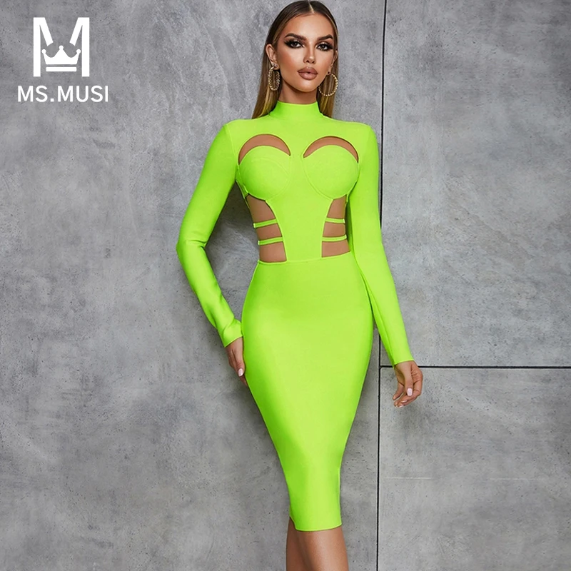 

Новинка 2023, модное женское сексуальное платье-миди MSMUSI с воротником-стойкой, длинным рукавом и вырезами, вечерние дажное, вечернее, Клубное, облегающее, с разрезом
