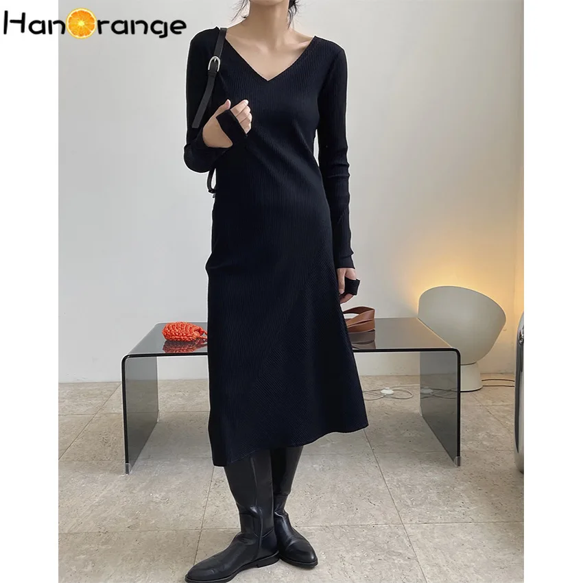 

Женское трикотажное платье HanOrange, черное платье с v-образным вырезом и манжетами на весну и осень