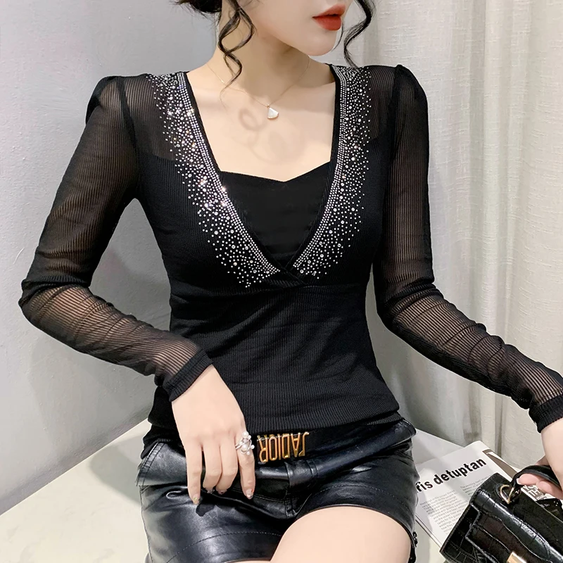 

2023 Spring New Sexy Hot Drilling Mesh Tops Fashion Casual Long Sleeved Diamond Women's T-Shirt M-3XL Blusas