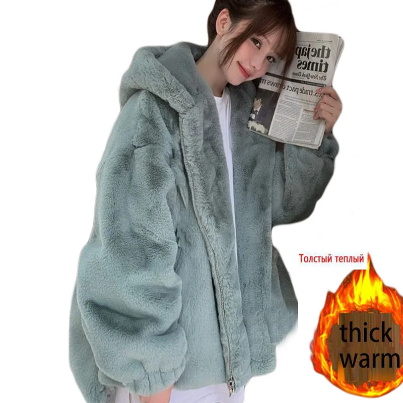 Winter Women Faux Rabbit Fur Coat Luxury Hooded Fur Coat Loose OverCoat Thick Warm Oversized Female Plush Coats