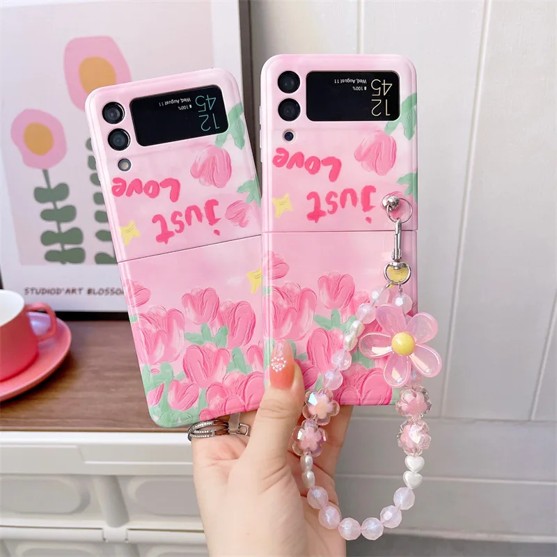 

Fresh Oil Painting Pink Flowers Phone Case for Samsung Galaxy Z Flip 3 Z Flip 4 Hard PC Back Cover for ZFlip3 ZFlip4 Case Shell