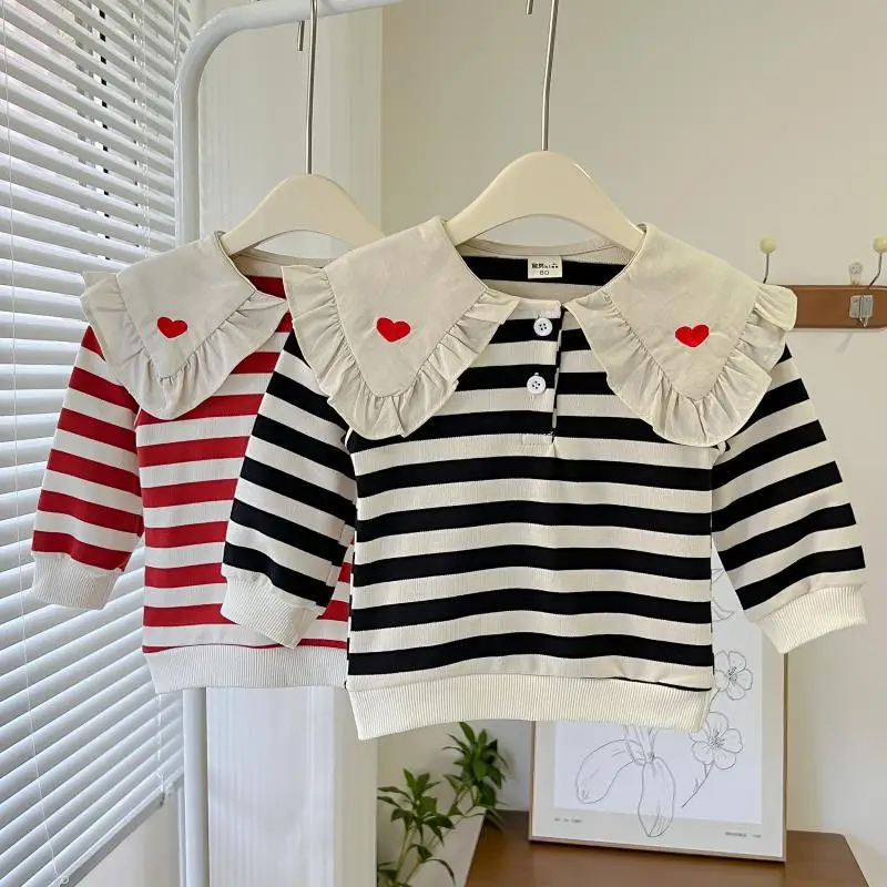 Модная полосатая Толстовка для девочек милый пуловер в Корейском стиле с круглым