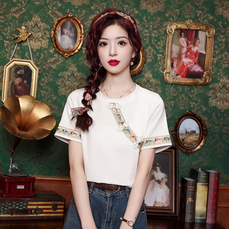 Женская футболка в китайском стиле новые летние винтажные футболки с вышивкой