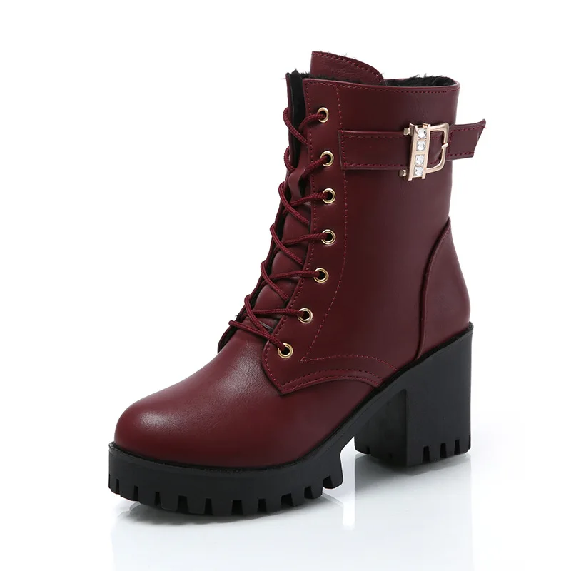 

Women Boots Lace Up Flat Biker Combat Wine Red Boots Shoes Buckle Woman Botas Women HOT Boots Winter Ankle High Heels