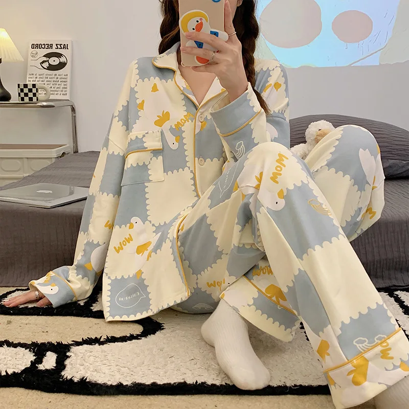 Yasuk Autuum Winer Fashion Women's Casual Print Pocket Sleepwear Homewear Cute Lovely Pajamas With Pants Soft Elastic Waist Duck